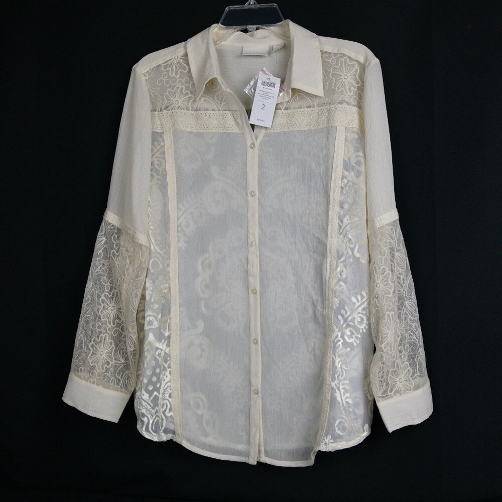 Chico's Blouse Top Tunic Cream Sheer Long Sleeve Size 2 NEW